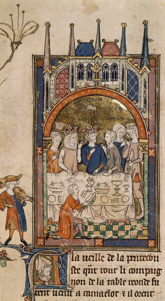 Royal 14 E. III, f.89, Kong Arthurs Fest, Kong Arthur og Guinevere ved en banket, med en tjener knælende foran bordet, der skærer brød, fra 