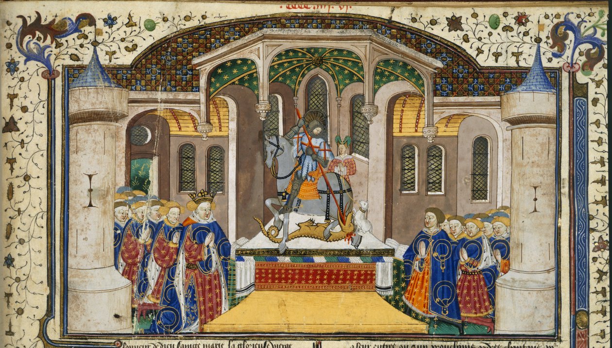 Royal 15 E. VI, f.439 Kong Henry VI og riddere grupperet rundt om et alter, som er overvundet af St. George og dragen, fra 