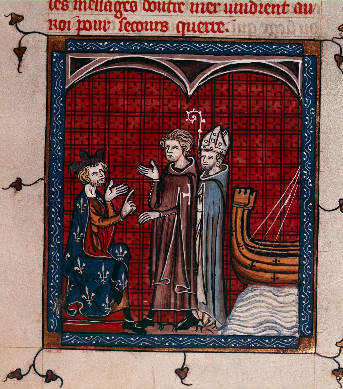 Royal 16 G. VI, f.337 Kong Philip II og Patriark, illustration fra 