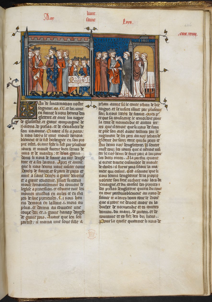 Royal 16 G VI f.426r Miniature af Henrik III på besøg hos Ludvig IX og Henrik III i St. Denis, side fra 