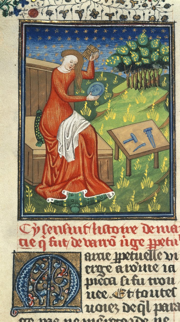 Kongelig 16 G. V, f.80 Jaia af Cyzicus, med kam, spejl og billedhuggerværktøj, illustration fra 