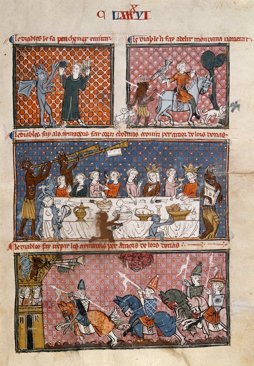 Royal 19 C. I fol.204 Diabolske fristelser, fra Le Breviari d