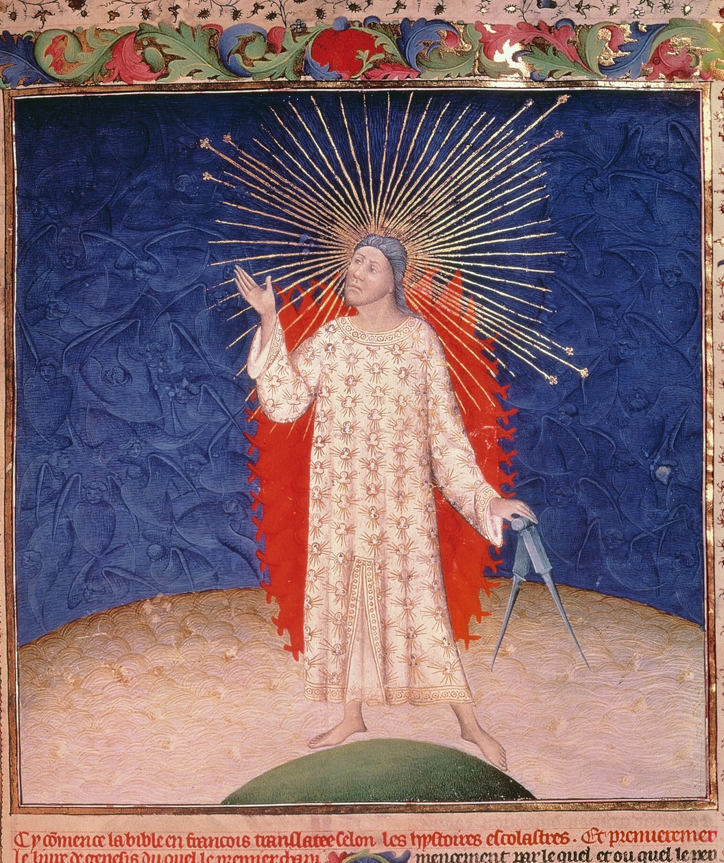 Royal 19 D III, f.3: Gud omgivet af ild med et par kompasser, fra Bible Historiale af Guyart des Moulins, c.1411 (vellum) af French School
