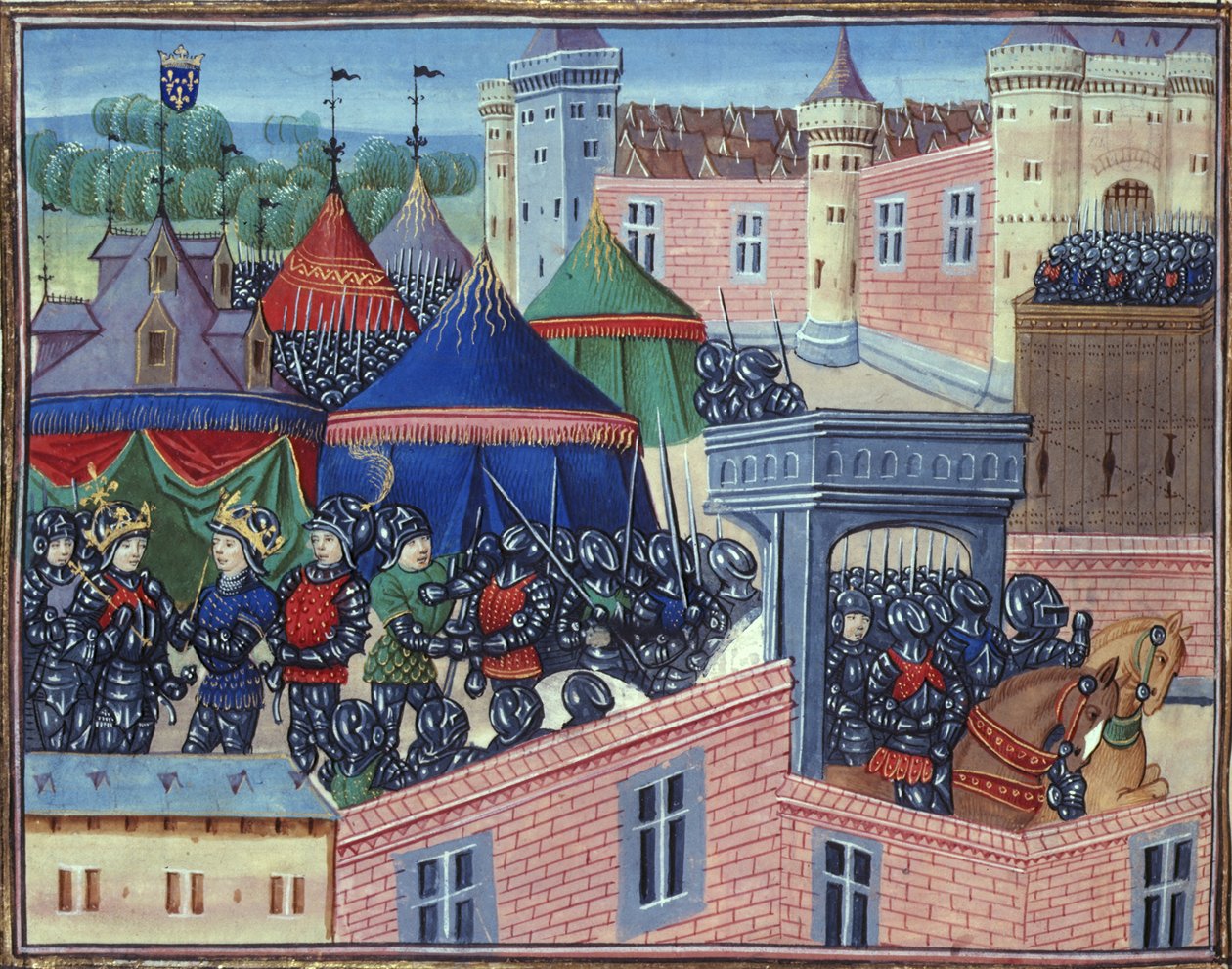 Kongelig 20 C.IX fol.137v Kongerne af Frankrig og Sicilien med deres hære før Metz, fra 