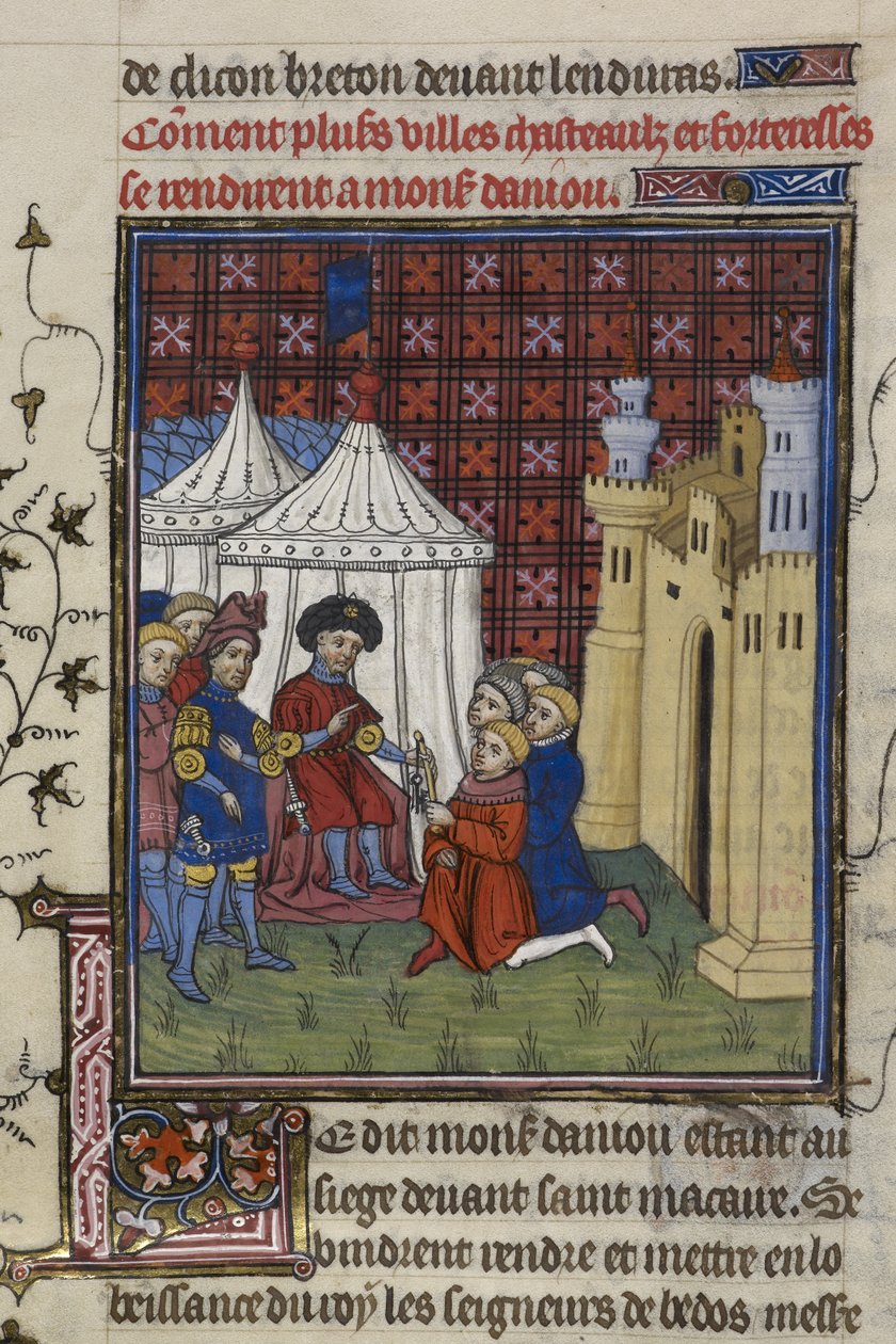 Royal 20 C. VII, f.194, Nøglerne til en by er overgivet til hertugen af Anjou (vellum) af French School