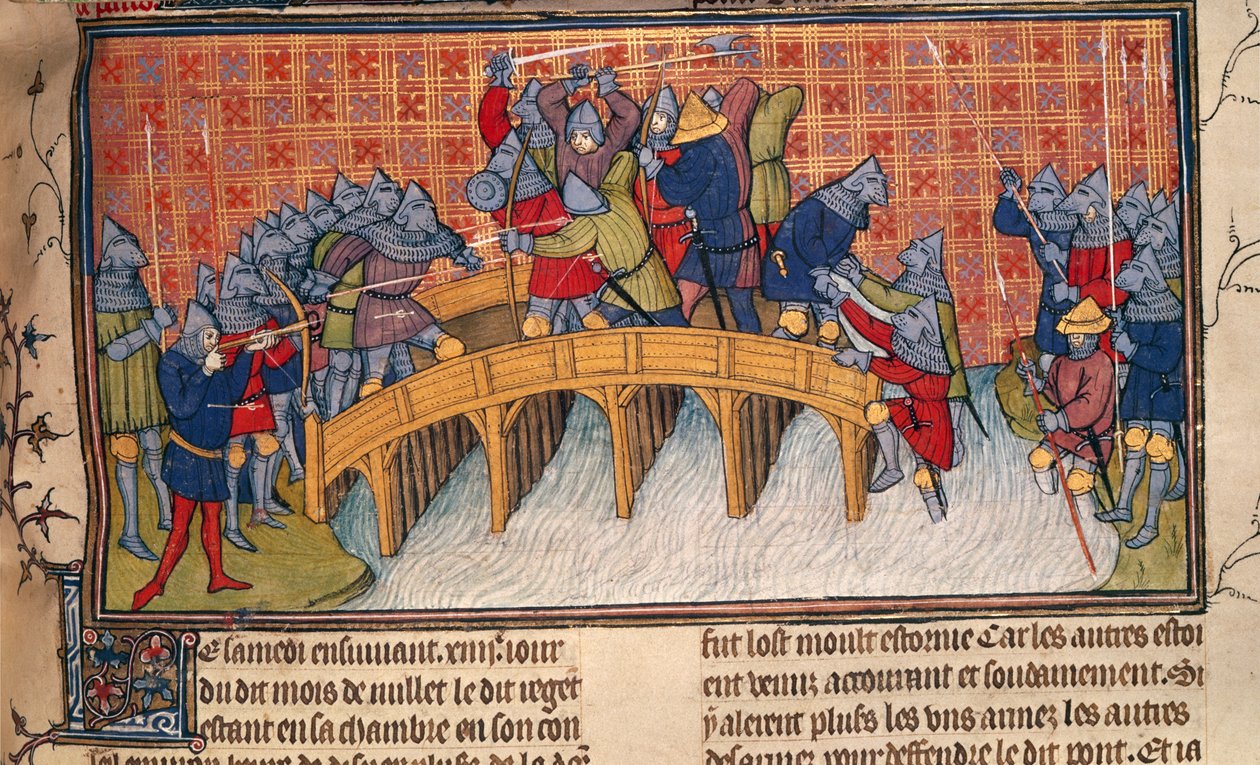 Royal 20 C. VII, fol.137 Battle on Bridge over Seine under Hundredårskrigen, fra 