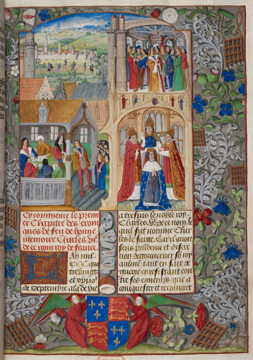 Royal 20 E. V, f.8 Kroning af Charles VII, scener fra 