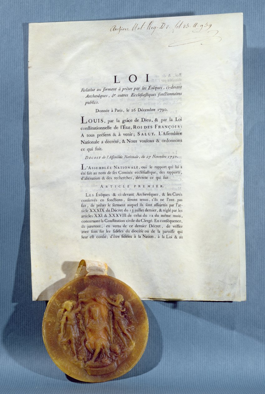 Kongelig anordning af Ludvig XVI, der bekræfter de franske biskoppers og præsters forpligtelse til at sværge en ed om troskab til præsteskabets civile forfatning, 16. december 1790 (trykt papir og vokssegl) af French School