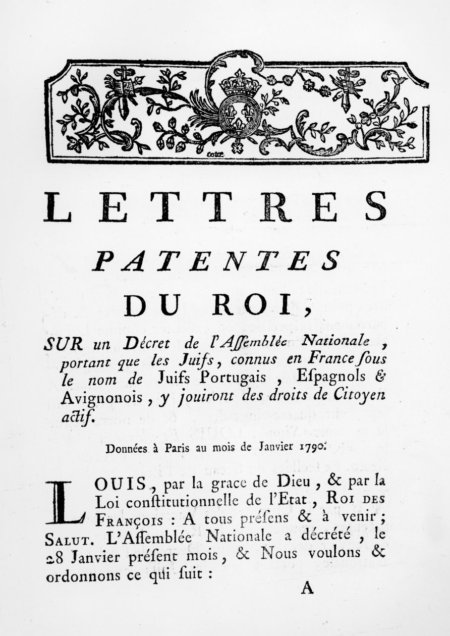Royal Letters Patent, der giver lige rettigheder for portugisiske, spanske og Avignonesiske jøder i Frankrig, Paris, 28. januar 1790 (se også 695057) af French School