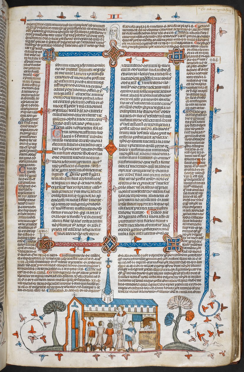 Royal MS 10 E IV F.211R, en BAS-DE-PAGE-scene med kommunikanter ved en masse, c.1300-40 (Pen & Ink og Tempera on pergament) af French School
