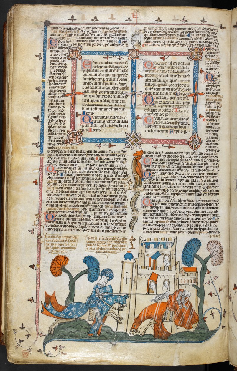 Royal MS 10 E IV f.313v, en bas-de-page-scene af en ridder, der afhorer en anden foran et slot, ca. 1300-40 (pen & blæk og tempera på pergament) af French School