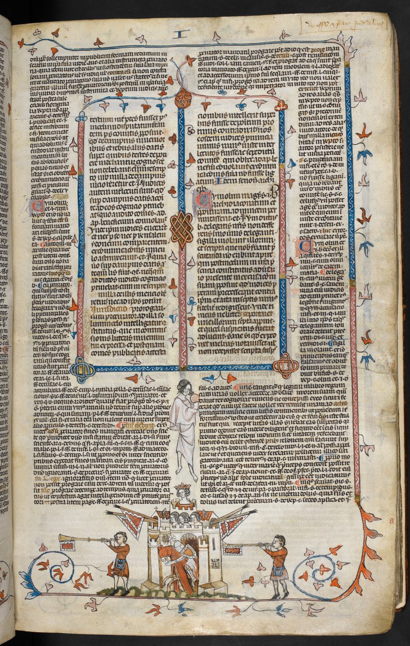 Royal MS 10 E IV f.66r, bas-de-page scene af en ridder, der dukker op fra et slot, ca. 1300-40 (pen & blæk og tempera på pergament) af French School