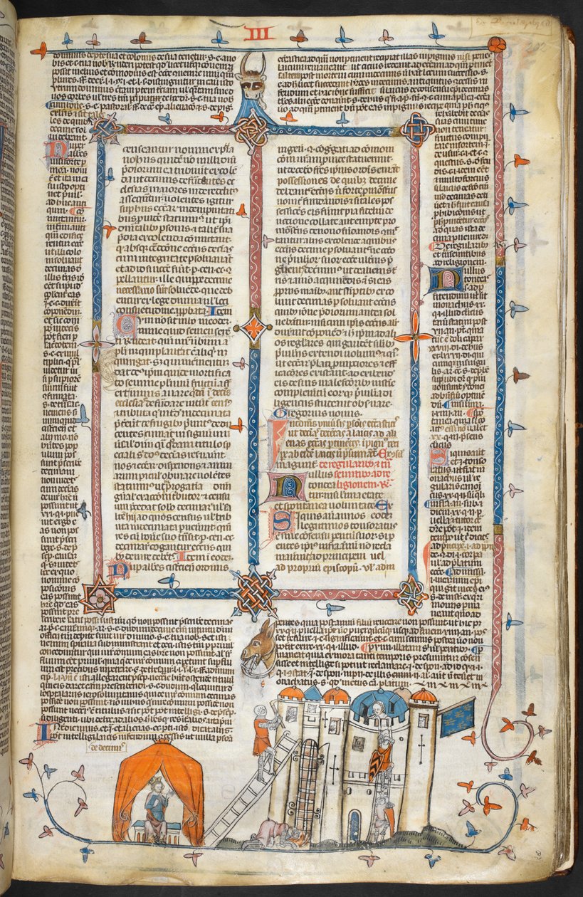 Royal MS 10 iv f.202r Angreb på et befæstet slot og marginaldekoration, illustration fra 