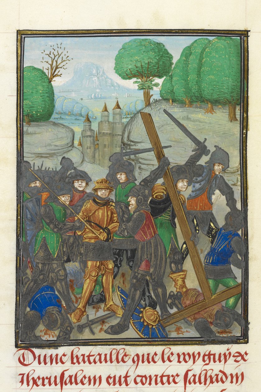 Royal MS 15 E I, f. 433v, Guy af Lusignans nederlag af Saladin og tabet af korset, fra 