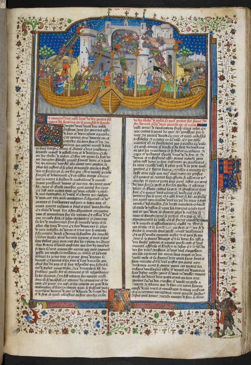 Royal MS 15 E VI, f.207 Miniature af skibe, der belejrer Corunna, fra 