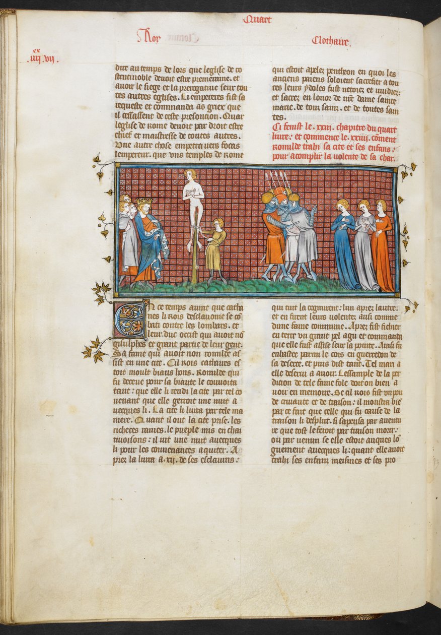 Royal MS 16 G. VI, Romhildas død, Romhildas døtre redde deres ære (bog 4, 24), fra Les Grandes Chroniques de France af French School