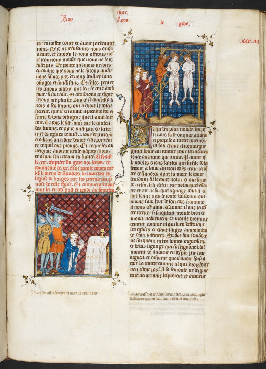 Royal MS 16 G. VI, f.306r, Mordet på Charles, greve af Flandern hængt (Louis VI, bog 20), fra Les Grandes Chroniques de France af French School