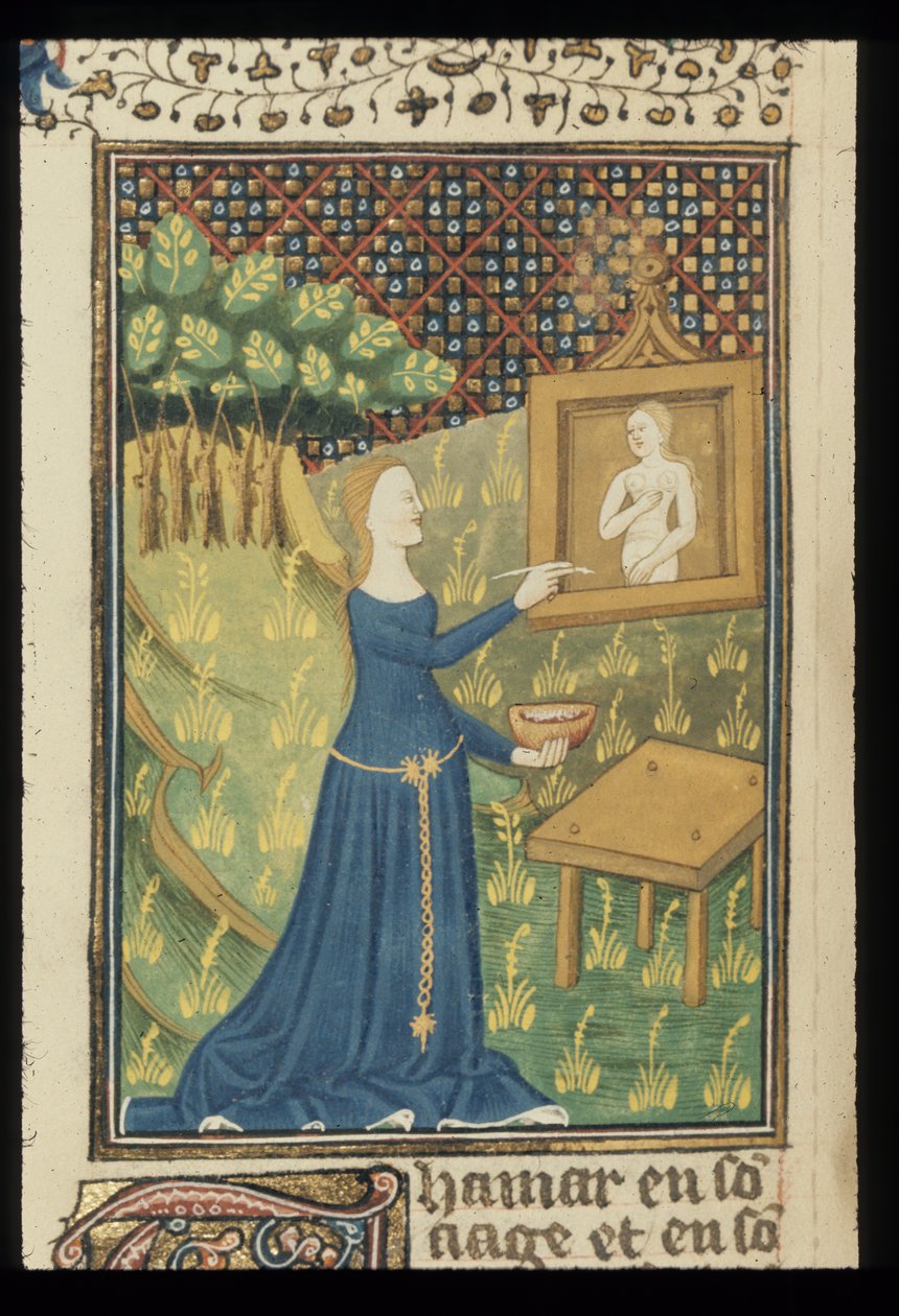 Royal MS 16 G V f.068v Side fra De claris mulieribus i en anonym fransk oversættelse (Le livre de femmes nobles et renomées) af Giovanni Boccaccio, c.1440 (farve & guld på vellum) af French School