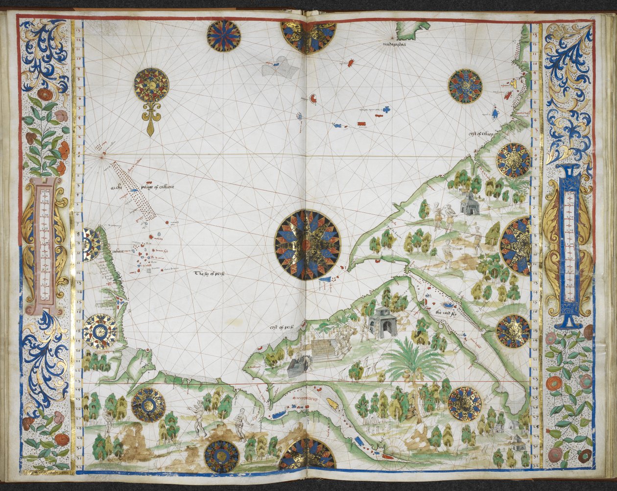 Royal MS 20 E IX f.11v til f.12r Kort over Asiens og Afrikas kyster fra Cape Comorin til Kap Delgado, inklusive Den Persiske Golf og Det Røde Hav, fra 