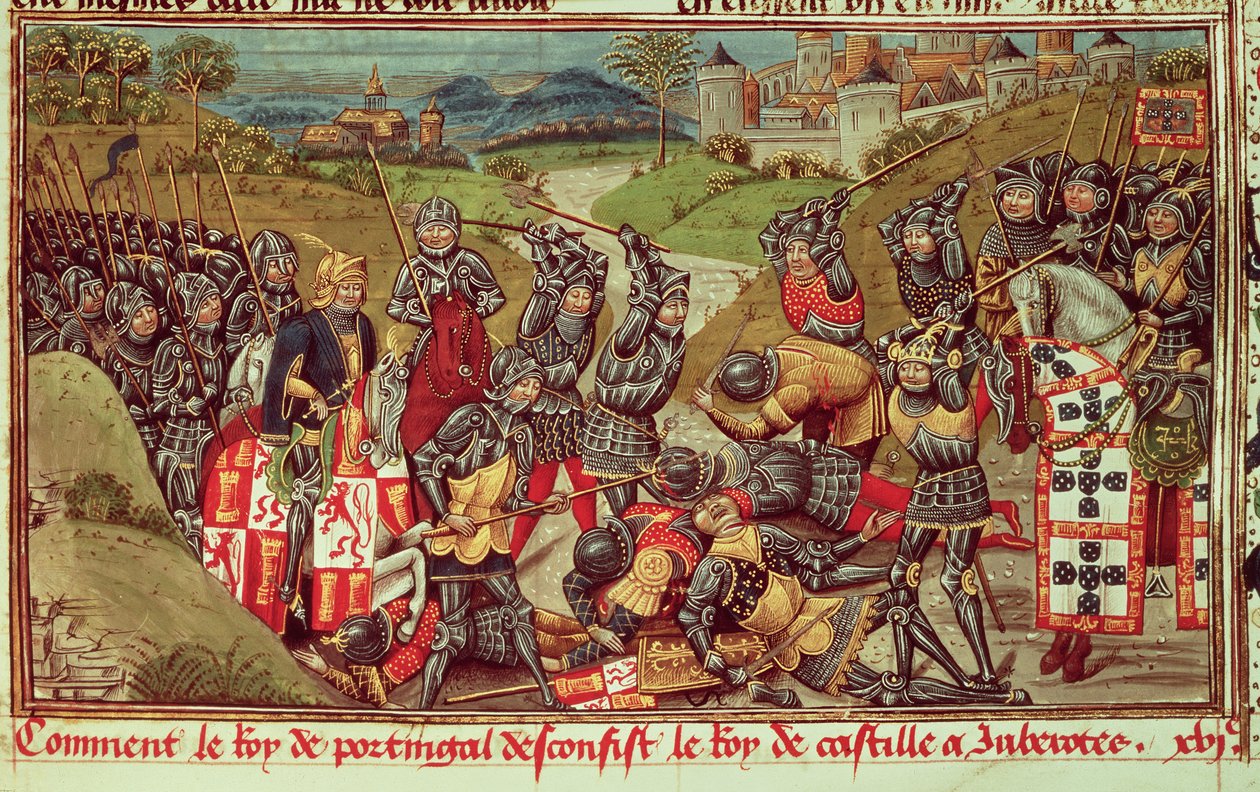 Royal Ms 14 E IV f.204: Juan I af Avis slog Juan I af Castilla i slaget ved Aljubarrota, Portugal af French School