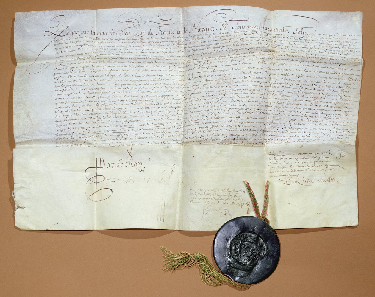 Kongelig dekret om oprettelse af det franske akademi, 1635 (blæk på pergament) af French School