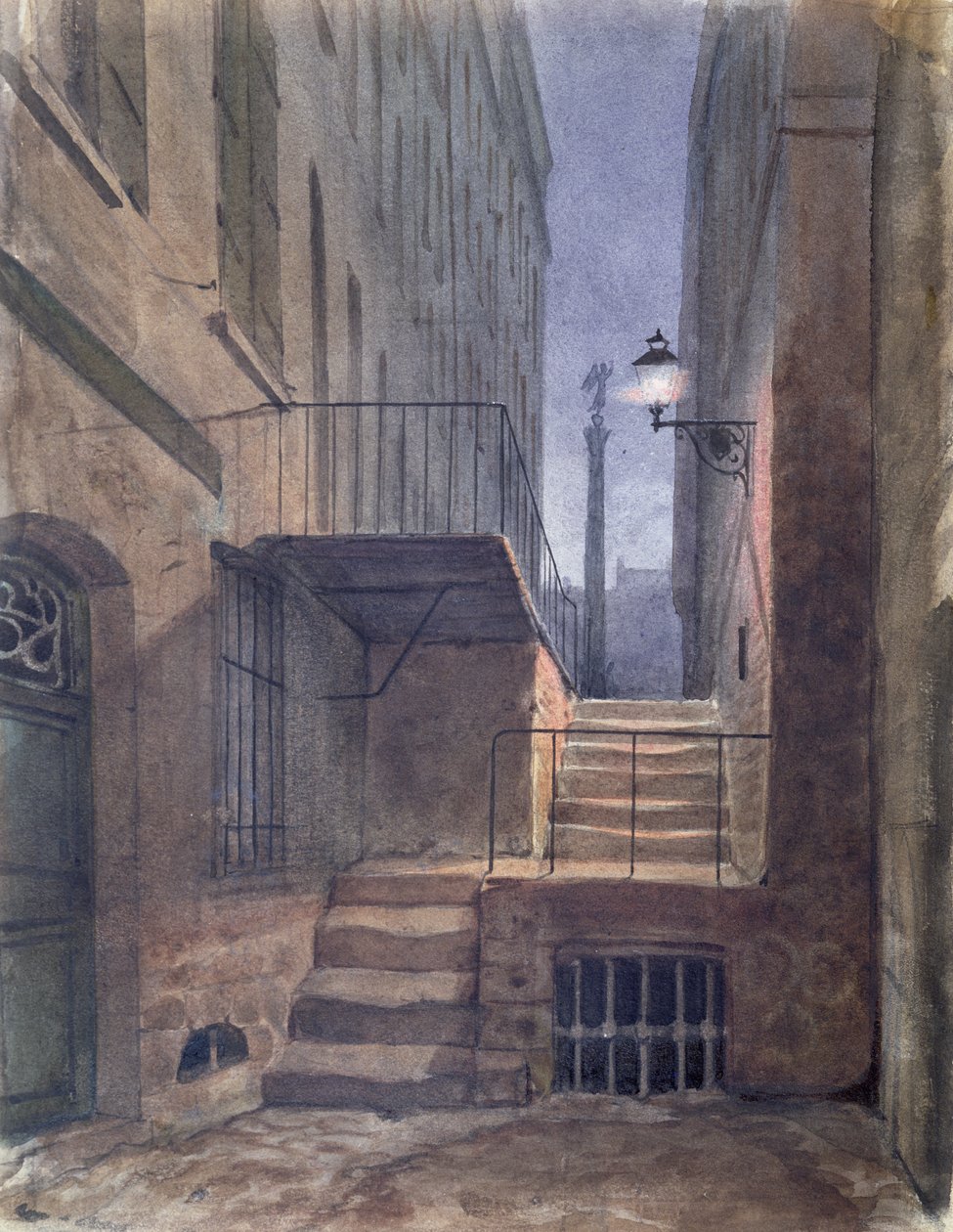 Rue de la Vieille Lanterne, hvor Gerard de Nerval (1808-55) hængte sig, 25. januar 1855 (wc på papir) af French School