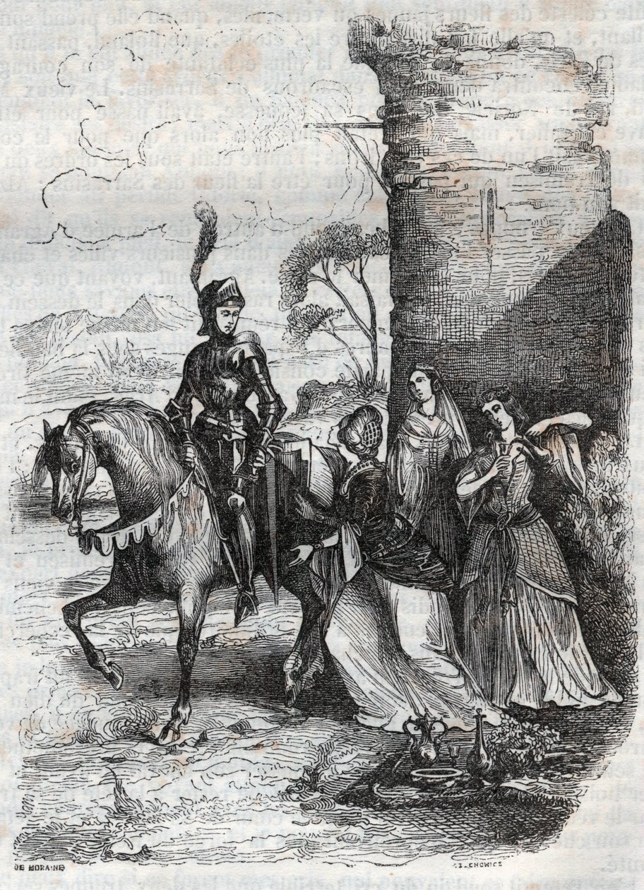 Ruggiero and three nymphs from the court of Alcina - engraving of 1851 from the poem Orlando furiosodani af French School