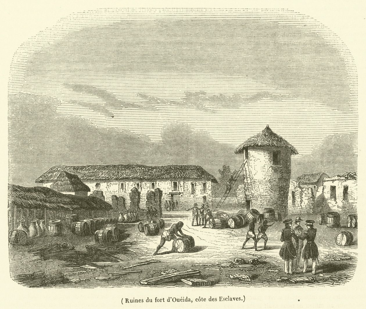 Ruinerne af Oueida-fortet, cote des Esclaves (kobberstik) af French School