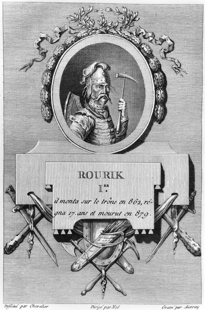 Rurik (d. 879), Ruslands første zar, illustration fra det gamle Ruslands fysiske, moralske, civile og politiske historie af Nicolas Gabriel Clerc, Paris, 1783-85 af French School