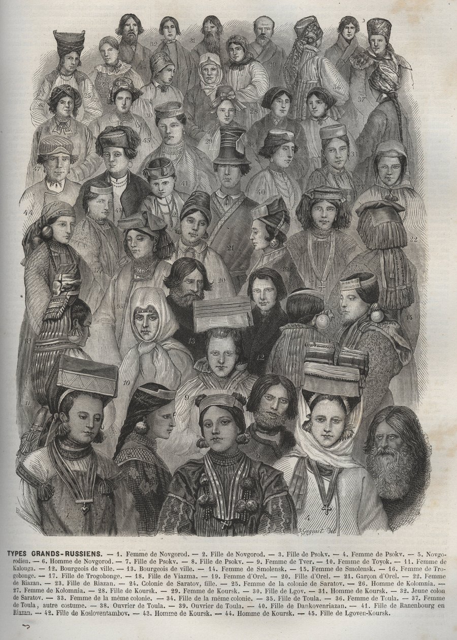 Russland - verschiedene Typen der Großrussen - 1: Frau von Nowgorod - 2: Tochter von Nowgorod - 3: Tochter von Pskow - 4: Frau von Pskow - 5: Nowgoroder - 6: Mann von Nowgorod - 7: Frau von Pskow - 8: Tochter von Pskow - 9: Frau von Twer - 10: Frau von Toy von French School