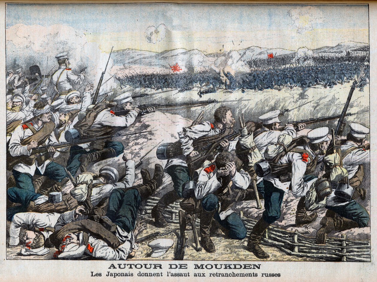 Russisk-japansk krig - japansk angreb på russiske skyttegrave ved Mukden, russisk-japansk krig. Omkring Moukden. Japanerne stormer de russiske skanser. Illustration til Le petit Journal, 2. oktober 1904. af French School