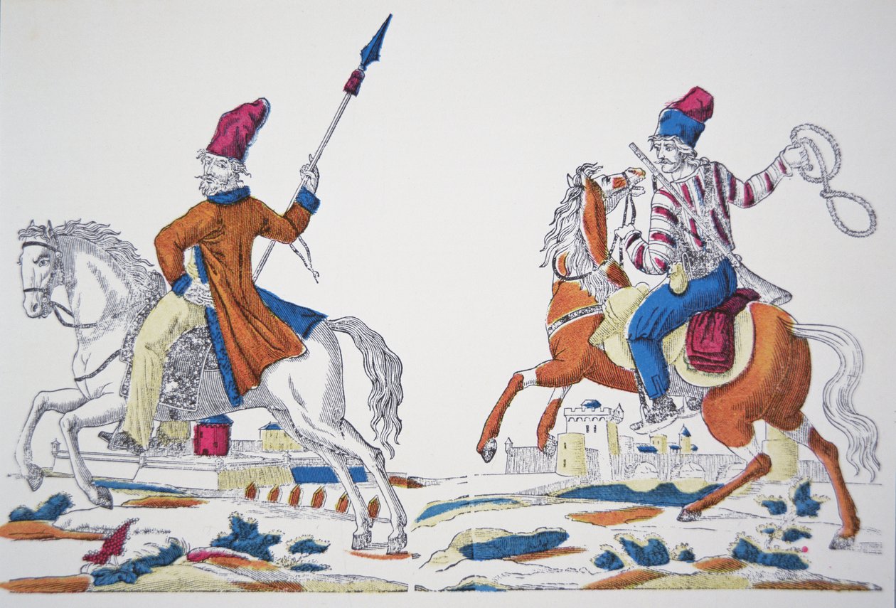 Russiske kosakker på tidspunktet for Napoleons invasion i 1812 (farve litho) af French School
