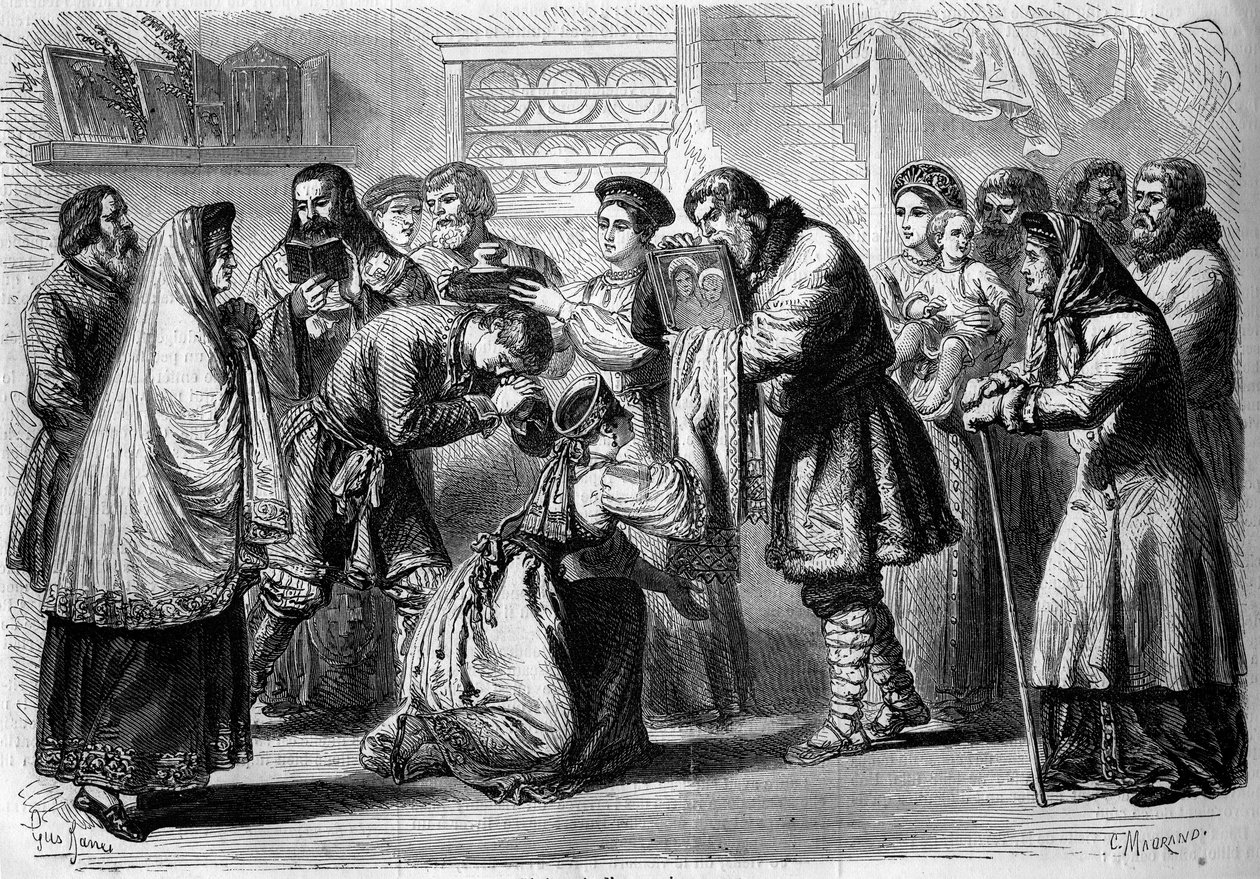Russisk skik - Bryllup - 1860: pre-bryllup ceremoni. Gudfar og gudmor velsigner fremtidige ægteskaber. Gudfaderen præsenterer dem billedet af Kristus eller Jomfruen, symbol på religiøs indvielse. Gudmoderen holder brød og salt over hovedet på af French School