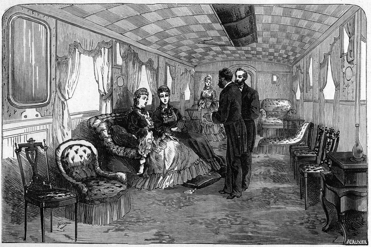 Russisk kejsertog brugt af hertugen og hertuginden af Edinburgh i 1874: salonvognen. Indgravering i "" Le Monde Illustré"" nr. 886 af 6. april 1874. af French School