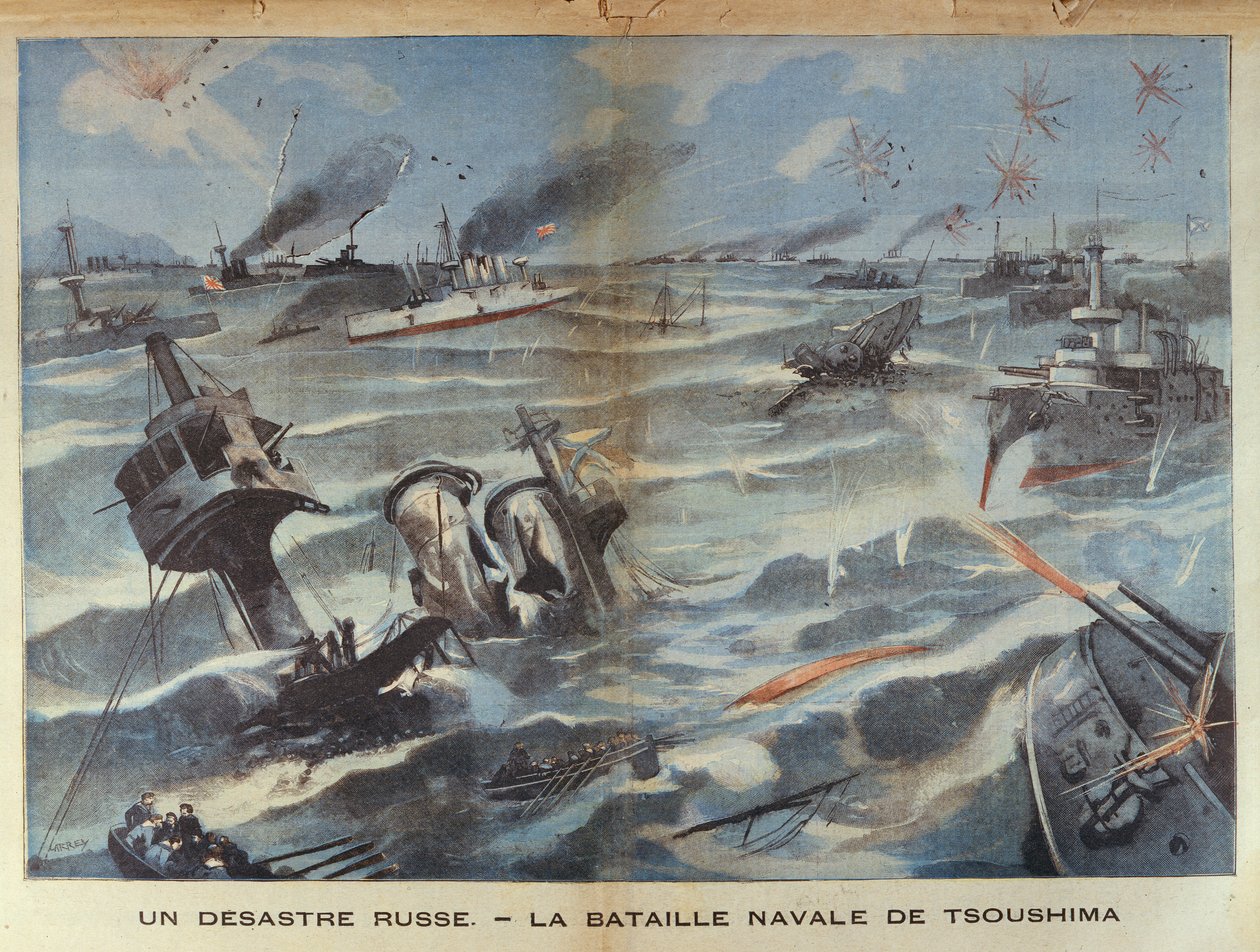 Russisk flådekatastrofe under slaget ved Tsushima i 1905, illustration fra Le Petit Parisien, 2. juli, 1906 af French School