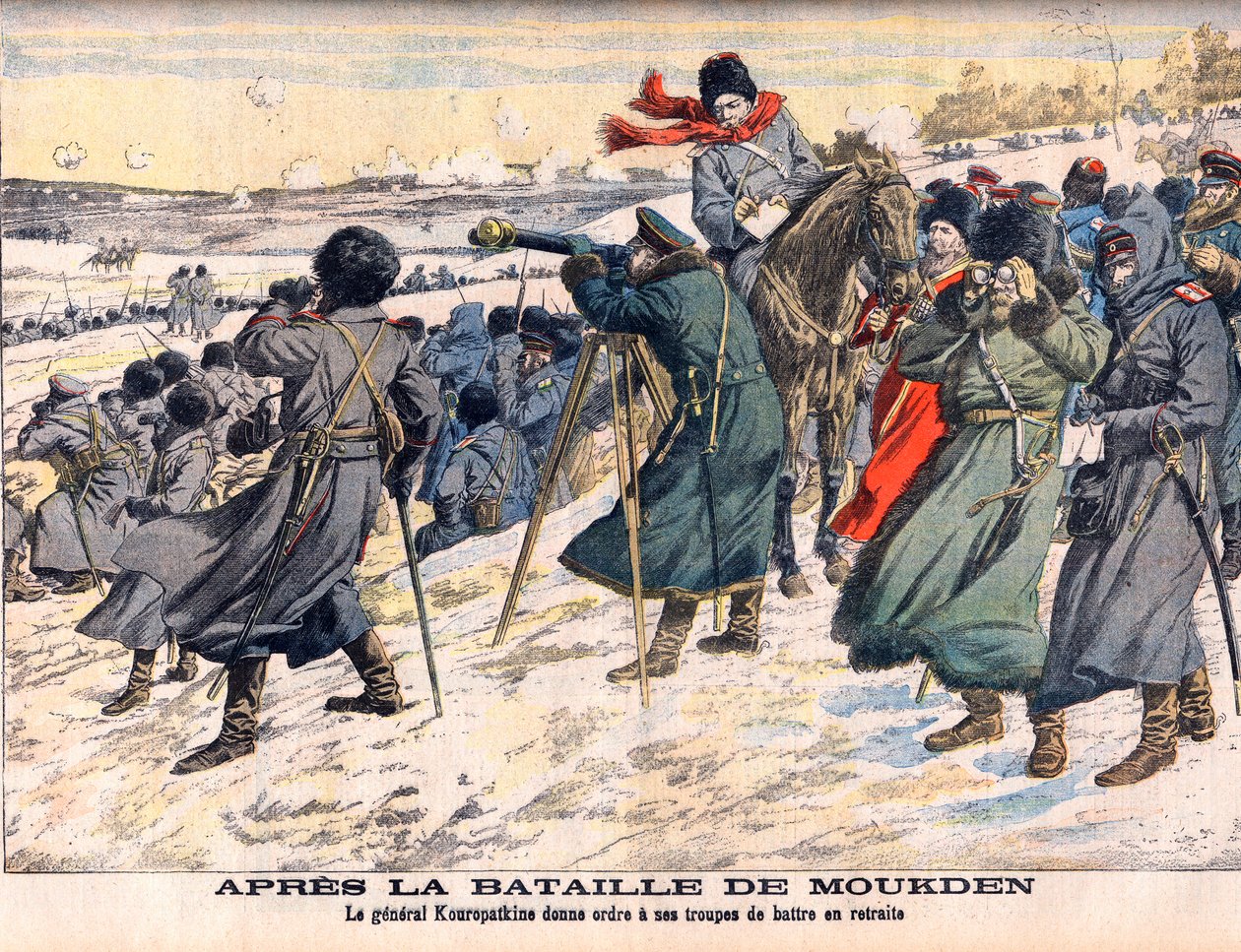 Russisk-japansk krig - Efter slaget ved Mukden Den russiske kommandant, general Kuropatkin, beordrede sin hær tilbage. Russisk-japanske krig (1904-1905) - Efter slaget ved Mukden. General Kuropatkin beordrer sine tropper til at trække sig tilbage. Illustra af French School