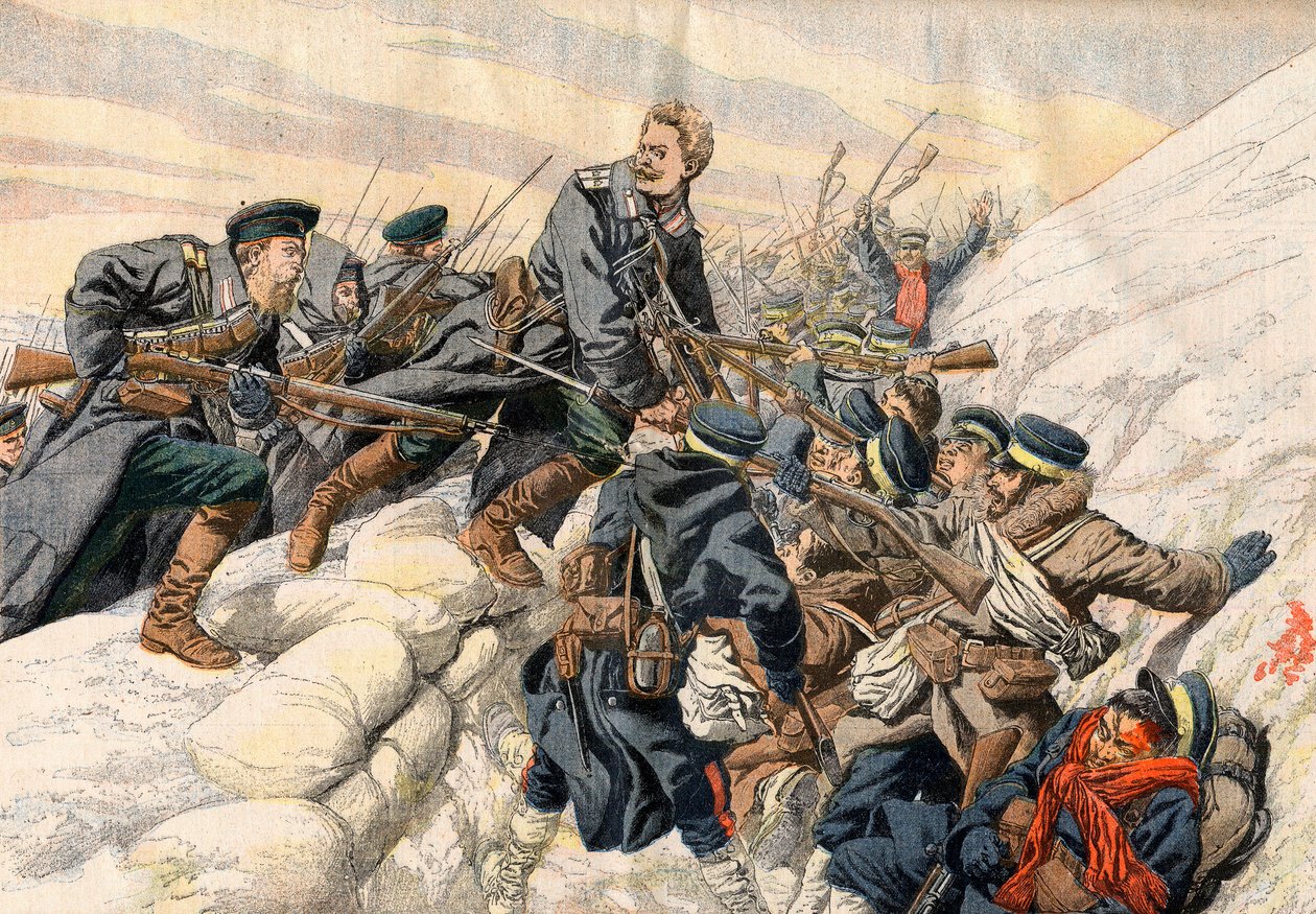 Russisk-japansk krig - Kæmper i skyttegravene ved Port Arthur, russisk-japanske krig. Den russiske løjtnant Alexanders heroiske død - I skyttegravene i Port Arthur. Den russiske løjtnant Alexanders heroiske død. Illustration til Le petit Journal af French School