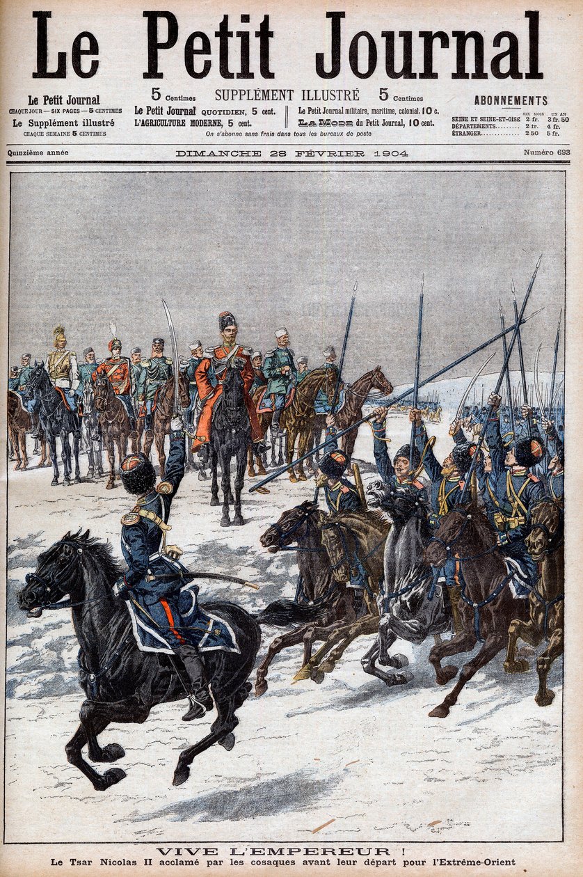 Russisk-japanske krig 1904-1905 - Kosakker hyldede zar Nicholas II, før de rejste til Fjernøsten for at bekæmpe japanerne i "Le Petit Journal", 28. februar 1904 (gravering) af French School