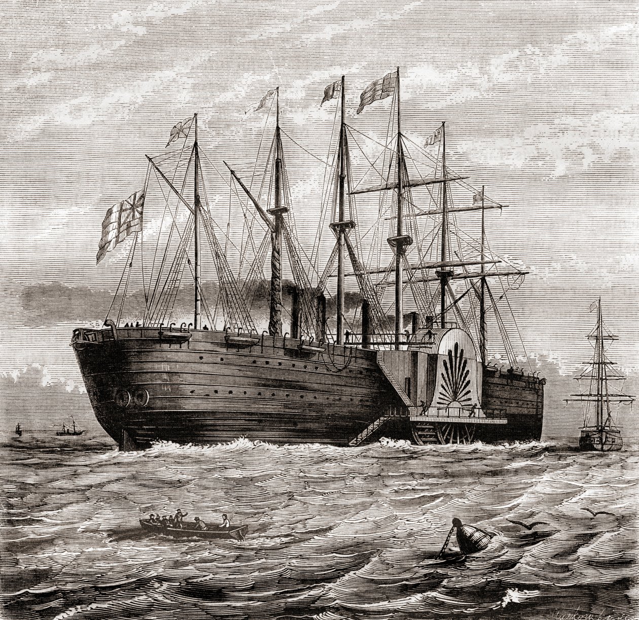 SS Great Eastern, jernsejlende dampskib designet af Isambard Kingdom Brunel, fra Les Merveilles de la Science, udgivet ca. 1870 (gravering) af French School