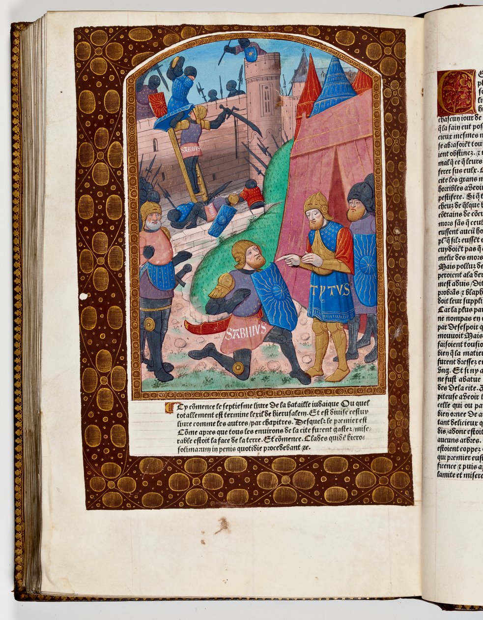 Sabinus, en syrisk medhjælper, tilbyder at opskalere Jerusalems mur og præsenteres for Titus, 70 e.Kr. (håndfarvet tryk) af French School