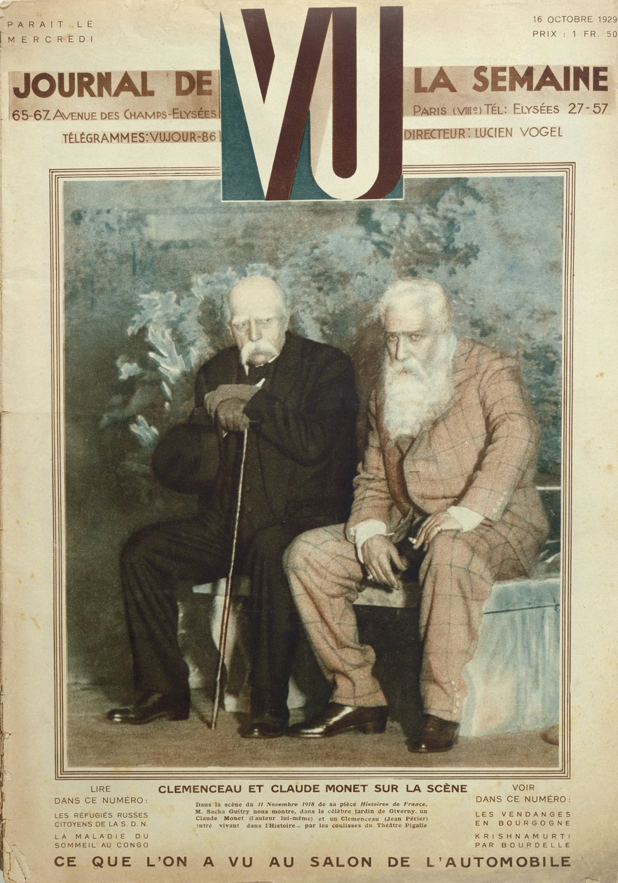 Sacha Guitry (1885-1957) som Claude Monet (1840-1926) og Jean Perier som Georges Clemenceau (1841-1929) i en scene fra Histoires de France, fra Vu magazine, 16. oktober 1919 af French School