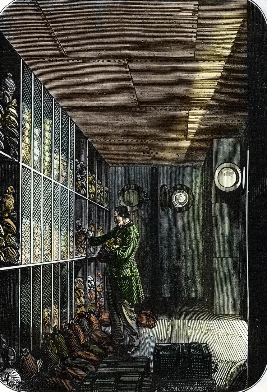 Safe de la Banque de France a Paris (Kælderen af Bank of France i Paris) (farvet gravering) af French School