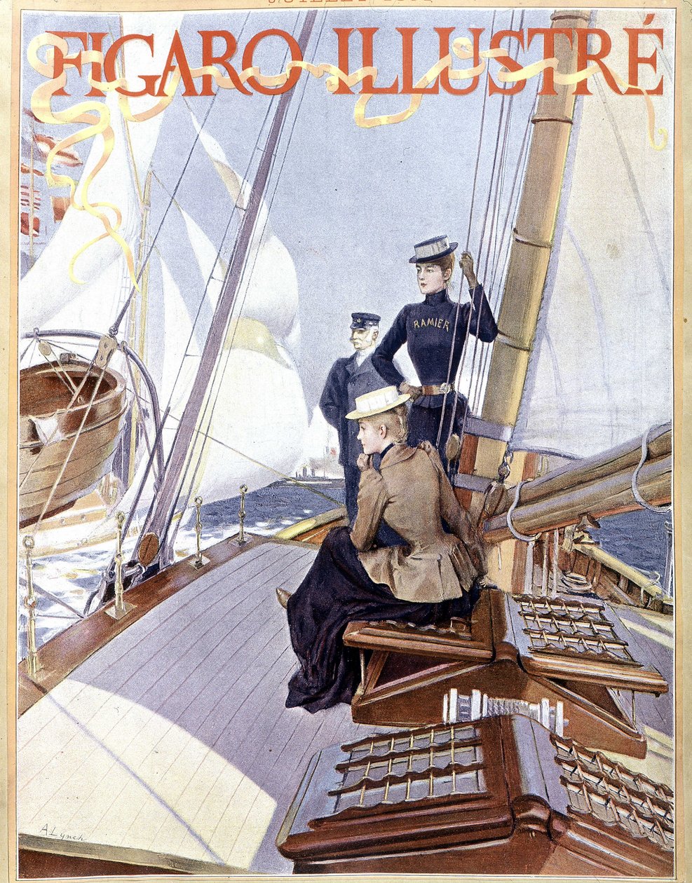 Sejlads: kvinder på dækket af en båd - tegning i "" Figaro illustreret"" fra 1891, Arts Deco. af French School