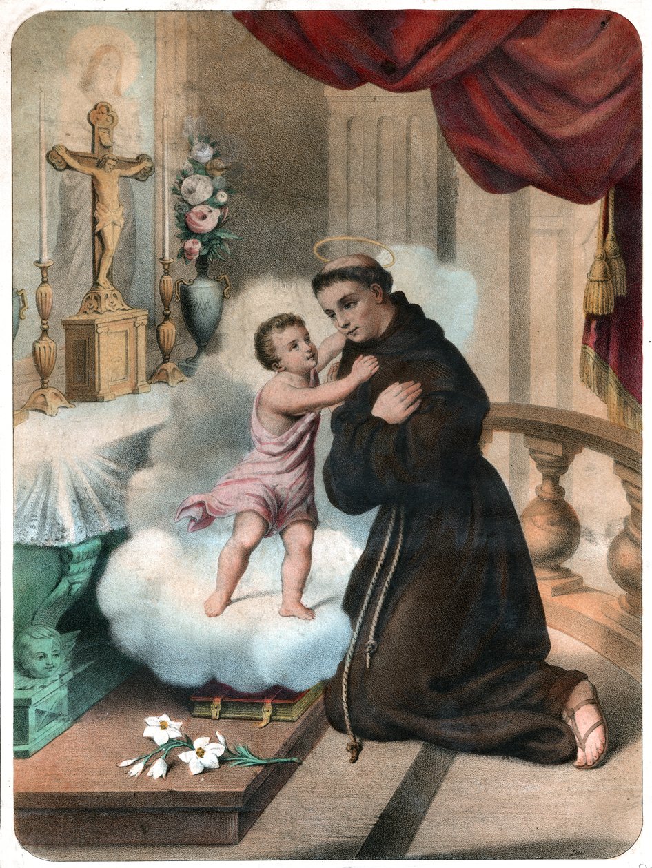 Sankt Antonius af Padova. (Litografi, ca. 1850) af French School