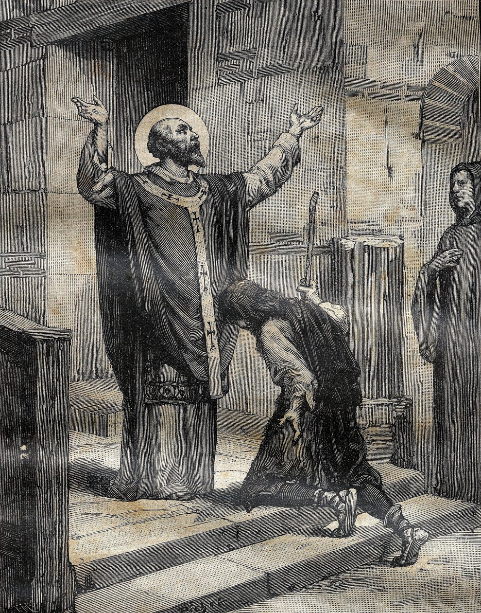 Saint Aubert (Saint-Aubert) eveque af Cambrai og Arras (633-667?), bød sin discipel og fortabte gudsøn, Landelin (613-), søn af herremanden fra Vaulx, velkommen og tilgav ham hans tre års fejltagelse. Indgravering i "" Le Pelerin"" 16/12/1899. af French School