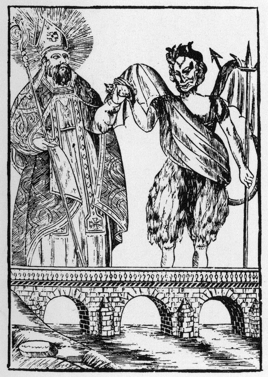Saint Cado (eller Cadoc eller Catuod eller Catoc eller Cazut eller Cadochus) legendariske helgen Christian giver en kat til djævelen i bytte for at bygge en bro - populære billeder Perret af French School