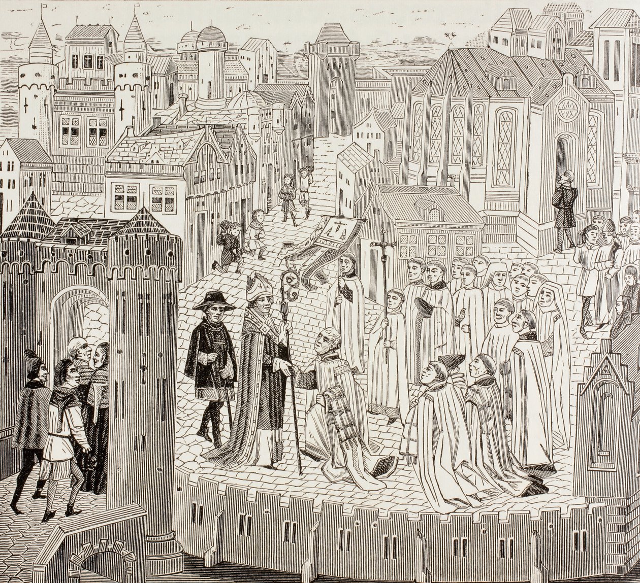 Saint Gaugericus, biskop af Cambrai, ankommer til byen for sin udnævnelse, fra 