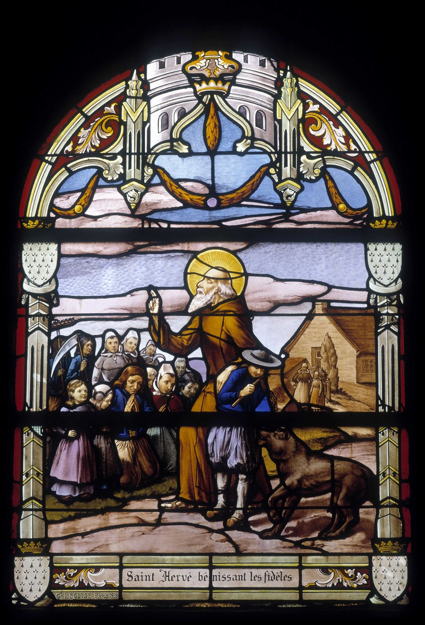 Saint Hervé velsigner de trofaste - farvede glasvinduer i St Germain kirken i Kerlaz af French School