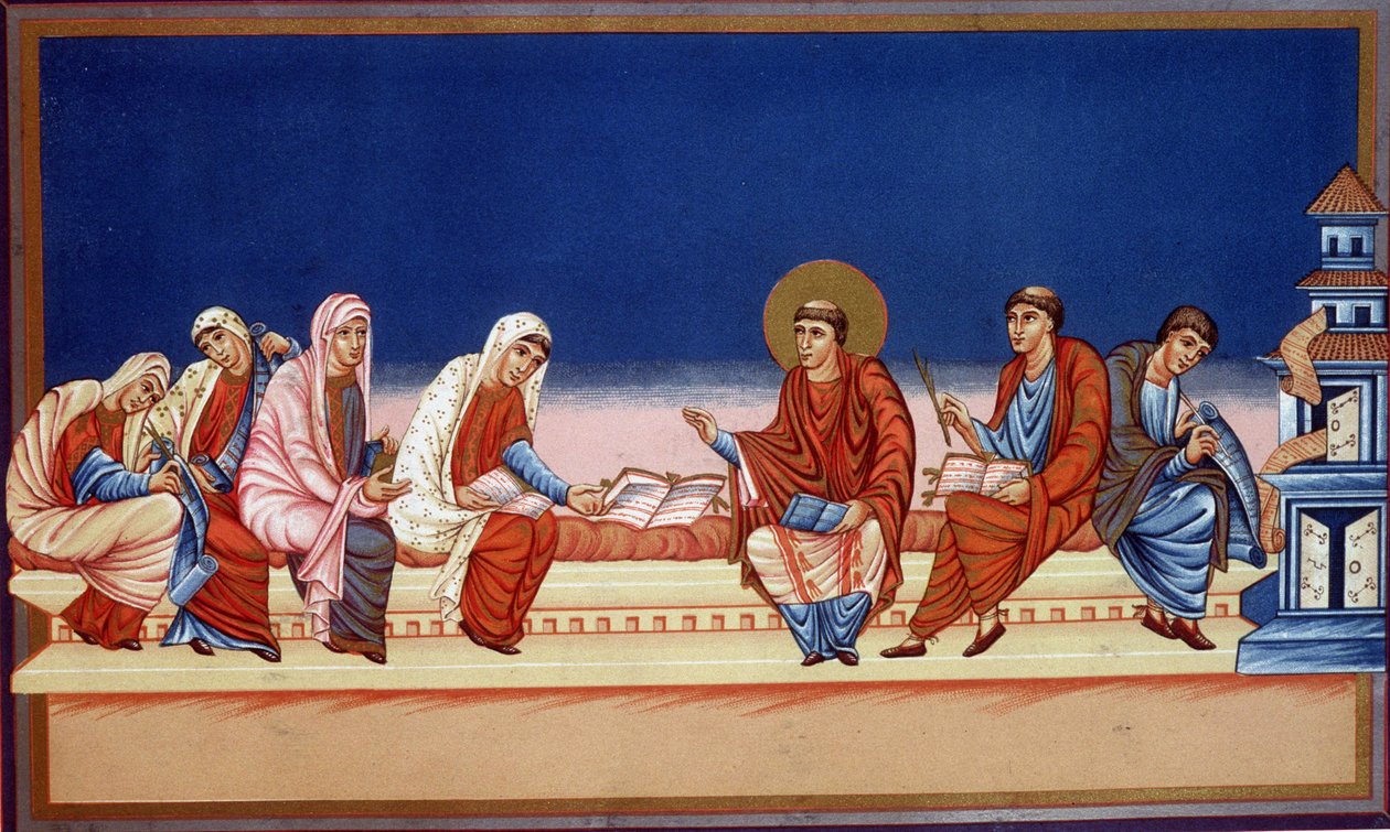 Sankt Hieronymus forklarer evangeliet til Eustochia og Paule, 9. århundrede. af French School