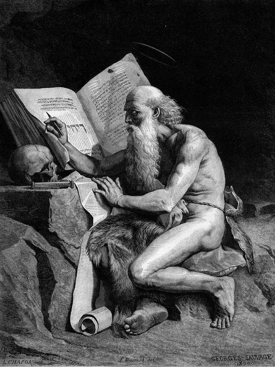 Sankt Hieronymus i ørkenen. Stik efter maleriet af Georges Sauvage (Auguste Albert Georges Sauvage dit) (1800-tallet). Indgravering i "" Le Monde Illustré"" nr. 1196 af 28. februar af French School